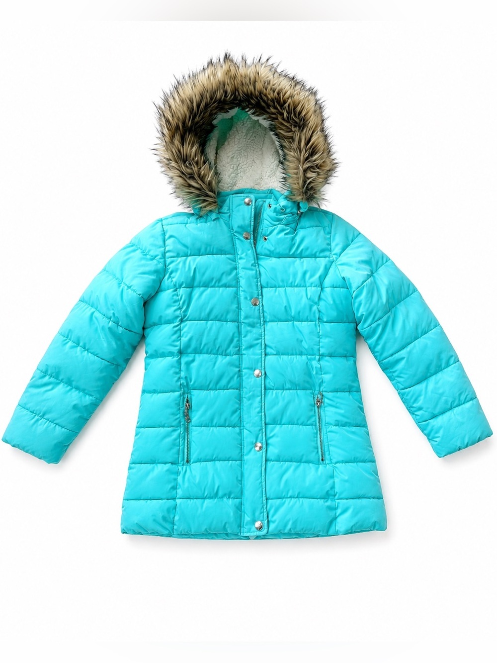 Justice Girls Aqua Faux Fur Hooded Puffer Winter Coat Size 12/14